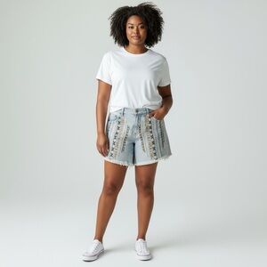 Embroidered Jean Shorts with Fringe Hem